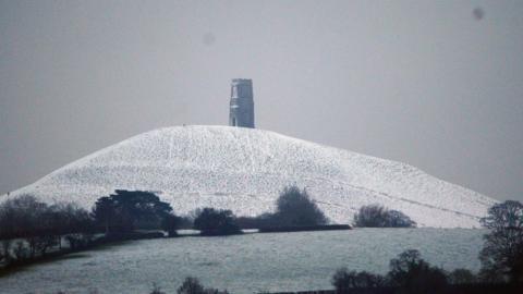 A snow covered Glastonbury Tor in Somerset.