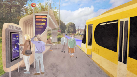 Colourful artists impression of Aberdeen rapid transit platform. There's a yellow tram-style vehicle parked next to a large gray platform. There's a bus shelter structure, with five passengers on the platform.  One of them is using a touch scvreen ticket machine, and the other is looking at a live information screen.