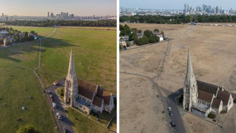 Composite image of Blackheath, London, before and after dry weather. The first image was taken 7th September 2021 and the second on 4th August 2026.