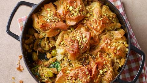 Courgette, pistachio and olive filo pie