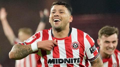 Sheffield United's Gus Hamer celebrates scoring in the 3-0 win against Portsmouth