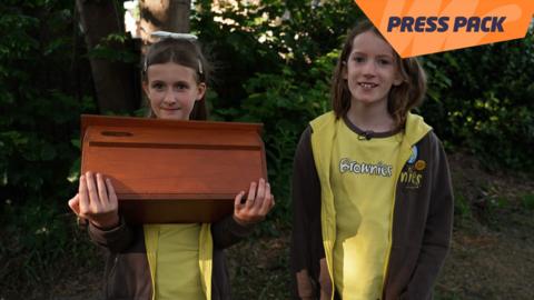 Two brownies holding a swift box