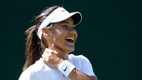 Emma Raducanu laughs during Wimbledon practice