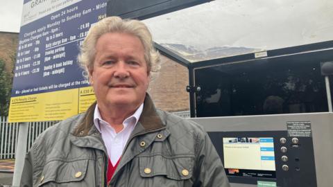 A man with faded, swept back blonde hair and a shirt and red jumper obscured from view by an olive waterproof jacket, staring into the camera beside a car park pay station