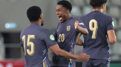 Jayden Meghoma celebrates with England team-mate Kadan Young after a goal in an extraordinary 5-5 draw with Germany at the European Under-19 Championship