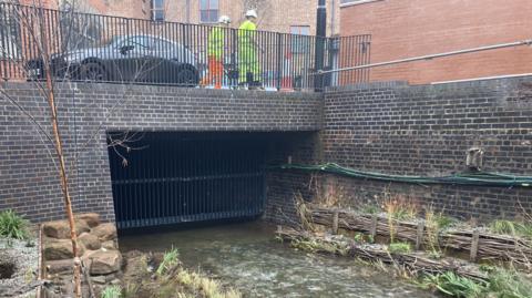 There is a section of flowing river with reeds along the banks as it flows towards a bridge with a black iron gate