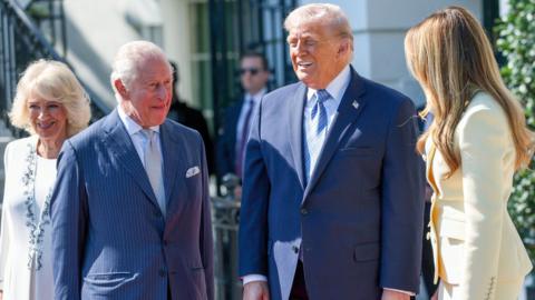 U.S. President Donald Trump and first lady Melania Trump welcome Britain's King Charles and Queen Camilla on the day of an afternoon tea on the South Lawn of the White House in Washington, D.C., U.S., April 27, 2026.