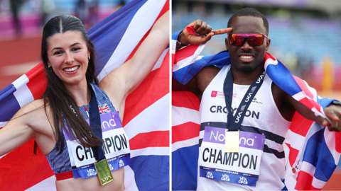Amy Hunt and Romell Glave pose with their medals and British flags after winning the 100m finals at the UK Athletics Championships in 2026