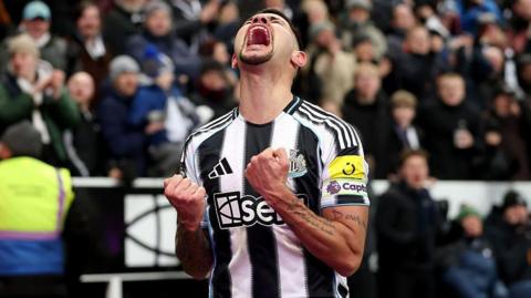Bruno Guimaraes celebrates after scoring for Newcastle United against Crystal Palace