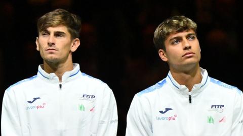 Matteo Arnaldi and Flavio Cobolli during the presentation of the teams the 2024 Davis Cup Finals Group Stage