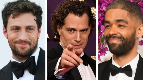 A composite image from left to right of:
Aaron Taylor-Johnson, Henry Cavill and Kingsley Ben-Adir. They are all wearing dinner suits with a black bow tie