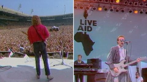 Two images side by side. One image is of the back of a musician playing a guitar with a large audience in front of them. The second image is of a band playing on a stage that says Live Aid.