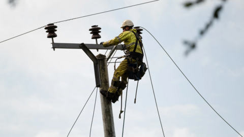 a workman, wearing a white helmet and hi-vis clothing, at the top of a electricity pole.