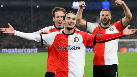 Anis Hadj Moussa celebrates scoring for Feyenoord