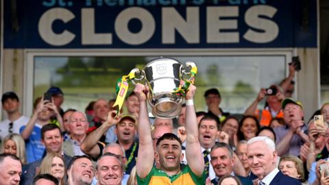 Donegal captain Patrick McBrearty lifts the Anglo-Celt cup after beating Armagh in the 2024 decider at Clones. 