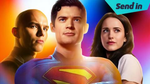 Nicholas Hoult, David Corenswet and Rachel Brosnahan dressed as their characters Lex Luthor, Superman and Lois Lane. 