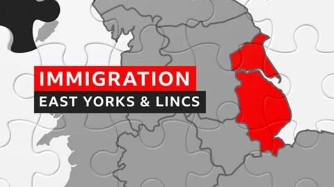 A graphic with East Yorkshire and Lincolnshire highlighted in red on a map of northern England that looks like a jigsaw puzzle. The words Immigration East Yorks and Lincs are in white on a red and black background