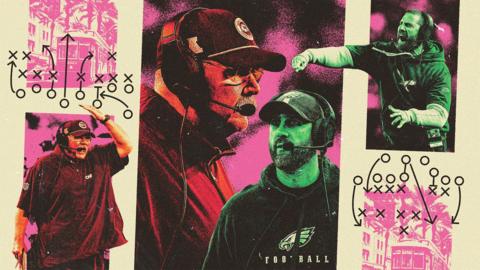 Eagles head coach Nick Sirianni and Chiefs head coach Andy Reid on a Super Bowl graphic