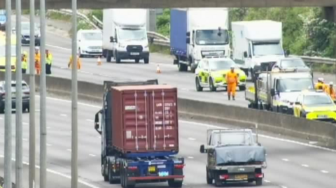 Three lanes of the M1 northbound between Derby and Nottingham closed while contractors carry out repairs. The image has been taken from traffic cameras. 