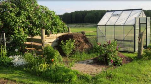 A view of an allotment on a sunny day. On the left there is a raised bed and on the right a greenhouse with a pile of compost in front of it.
