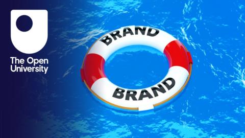 The Open University logo with an image of a life ring floating in water with 'BRAND' wrote on it.
