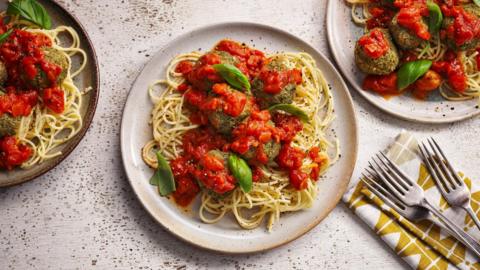 Italian veggie balls with spaghetti.