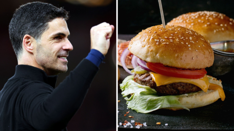A split image of Mikel Arteta and a burger