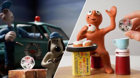 Wallace and Gromit and Clayman pictured with the new 50p coins