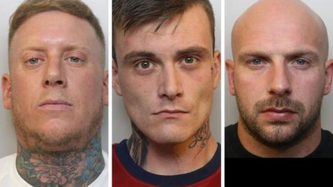 Police custody images of Mark Donavon, Thomas Medler and Daniel Lock