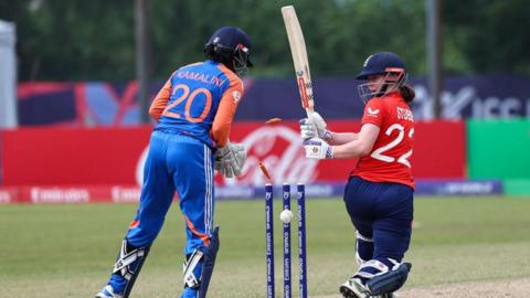 England under-19 batter Charlotte Stubbs is bowled v India