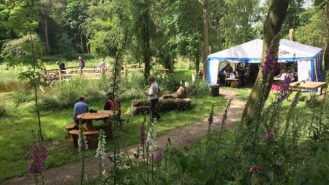 A path running through a woodland, leading to a white and blue tent. People can be seen walking or sitting on wooden benches. 