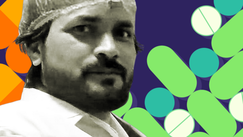 Vinod Sharma, wearing a hair net, on the left of the picture. The right-hand side of the image shows a graphic illustration of pills in green and white. 