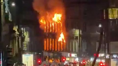 Flames billowing from Union Corner