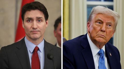 Composite image of Justin Trudeau in grey suit, light blue shirt and red tie to the left and Donald Trump in dark blue suit, white shirt and blue tie to the right