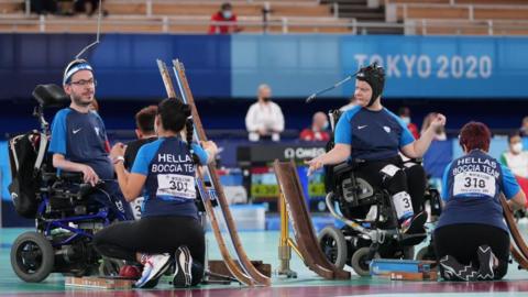 The Greek boccia team of Grigorios Polychronidis and Anna Ntenta in action at Tokyo 2020