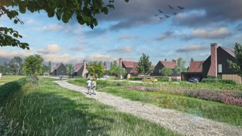 A CGI image of houses in a grassy field. Two people are walking along a stone path in the foreground.