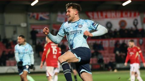 Newport County's Ben Lloyd after scoring during Tuesday nights' 3-1 win away at Salford.