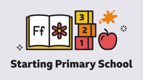 Illustration depicting a book, a stack of number blocks and an apple.