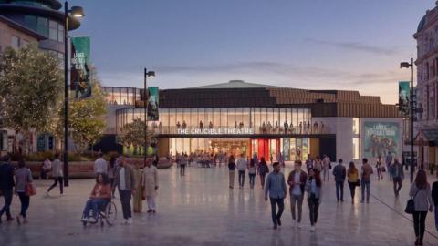 An architect's design image of people walking across a public square outside the Crucible Theatre in the evening, with its bright glass façade lit up and decorative trees and banners around the plaza.