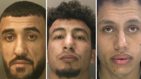 Three men. They have brown hair and brown eyes. 