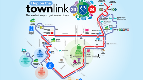 A map showing roads and bus routes. It shows keys areas such as "bus station" and "town church". It says "Hope on the townlink. The easiest way to get around town." The map is on a light blue background. 