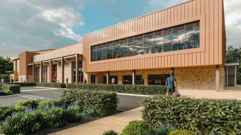 A CGI image of how the Five Acres sporting development could look. A building with a light brick facade and tall windows sits in front of a car park with hedged borders