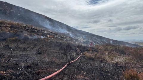 Burnt moorland with a hose and firefighters in the distance