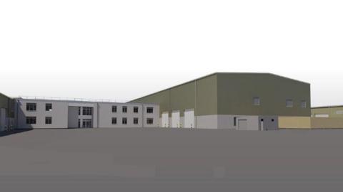 An artist impression of the new training facility, which includes a large hangar industrial style building to the right.