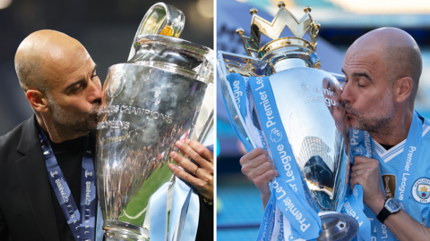 Pep Guardiola kisses Champions League and Premier League trophies