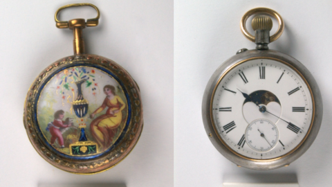 Two pocket watches in two separate images. One is gold with art at the the centre of it and the other is a traditional watch with a clock face on it.
