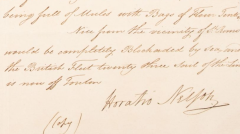 A close-up image shows the lower section of a handwritten historical letter in brown ink on aged paper, with neat cursive lines of text and the clear signature “Horatio Nelson” at the bottom right alongside a small handwritten note reading “copy.”