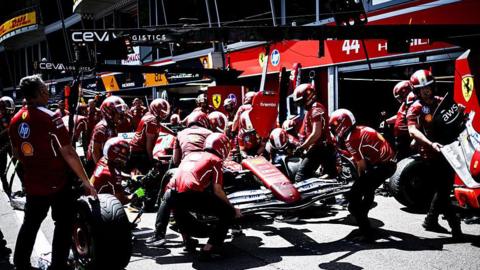 Ferrari practise a pit stop at Monaco during first practice for the 2025 grand prix