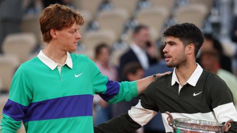 Jannik Sinner congratulates Carlos Alcaraz after their French Open final