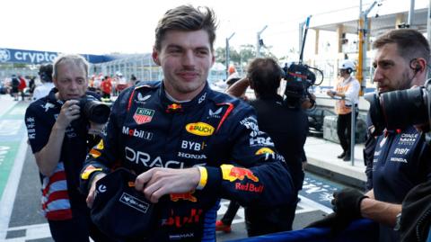 Max Verstappen celebrates taking Miami GP sprint pole